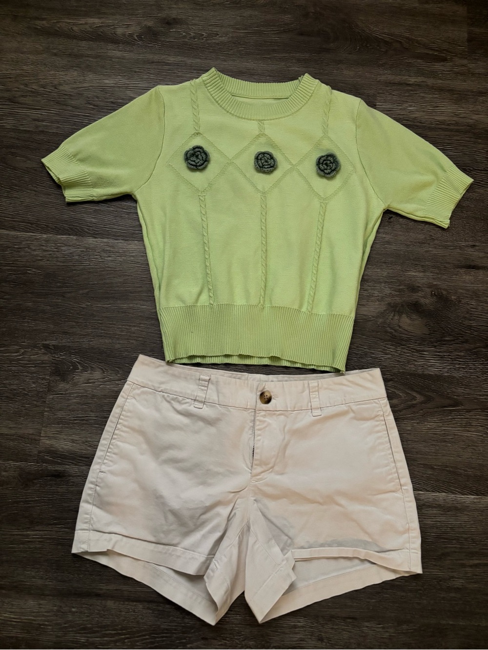 Lime Green Short-Sleeve Top with Floral Appliqué